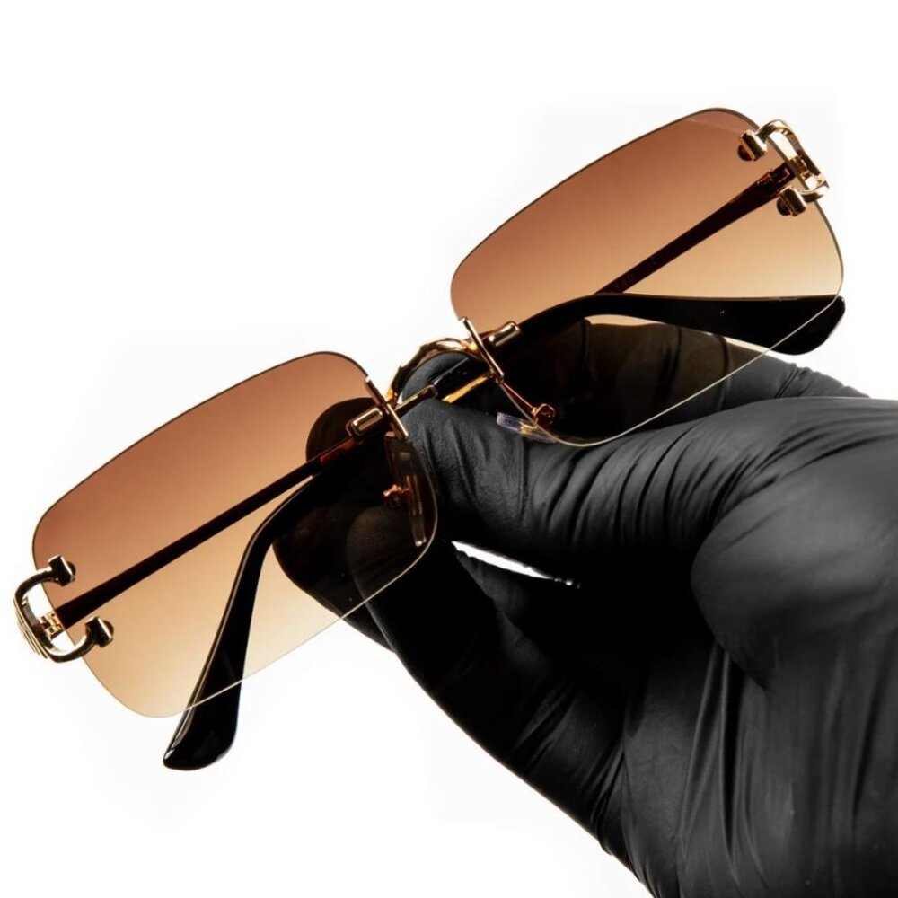 Men Hip Hop Sunglasses Gold Metal Rimless Brown Lens Classic Outdoor Wear Rapper